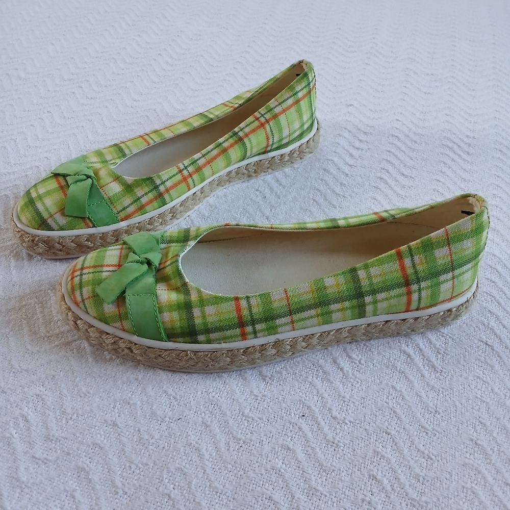 L.L. Bean Women's Sunwashed Canvas Green Plaid Espadrille Flats